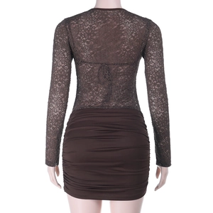 Detailed back view of a dark brown lace patchwork dress with ruched bodycon skirt