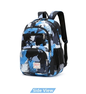 Side view of camo school backpack with breathable mesh straps and storage pockets