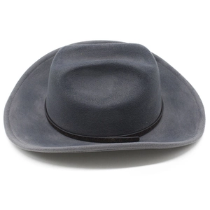 Detail of dark grey felt cowboy hat with leather band and metallic rivet accents