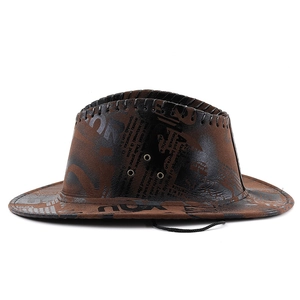 Detail of brown western cowboy hat featuring newspaper print patterns and hand-stitched brim