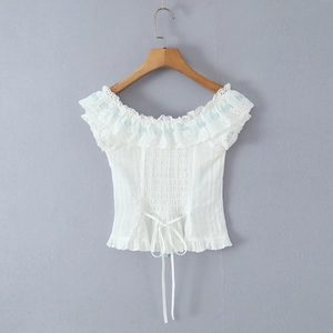 White French-style off-shoulder lace top with embroidery and adjustable drawstring detail