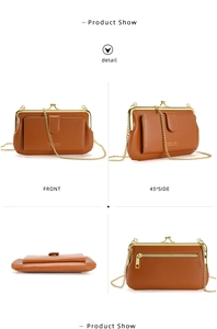 Detail view of brown vintage chain bag showing metal clasp, front flap and rear zip pocket