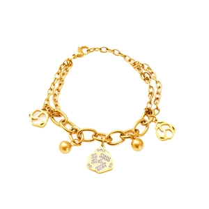 Gold stainless steel bracelet with geometric flower pendants and white crystals