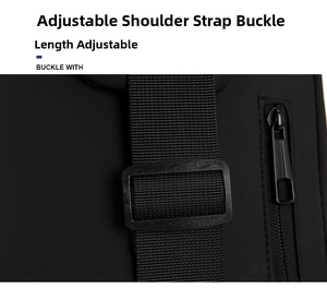 Detail of adjustable shoulder strap buckle and waterproof nylon fabric on crossbody bag