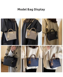 Collage of multi-color nylon dumpling bags shown on models for size and style reference
