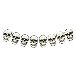 Halloween skull banner decoration with eight printed skeleton heads for party atmosphere
