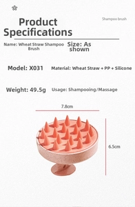 Detail showing wheat straw scalp brush dimensions and soft silicone bristles for massage