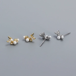 Elegant S925 silver pearl stud earrings with marquise zircon flower design in gold and silver