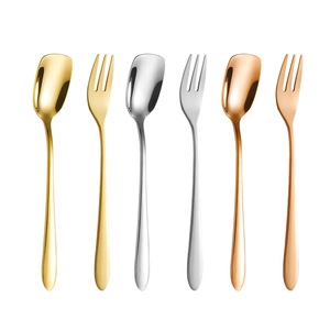 6-piece set of square stainless steel spoons and forks in gold, silver, and rose gold finishes
