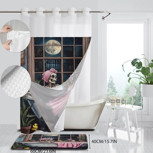 Detail of waffle weave shower curtain set with skull print and matching floor mat
