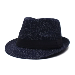 Men's navy blue textured fedora hat with black ribbon band for summer travel fashion