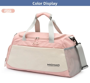 Large capacity travel duffel bag for sports and gym use with dry wet separation.
