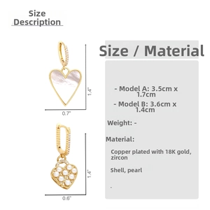 Size chart showing dimensions for heart drop earrings in gold plated copper and pearls