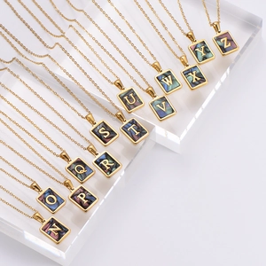 18k gold plated stainless steel square shell pendant necklaces with 26 letters N to Z