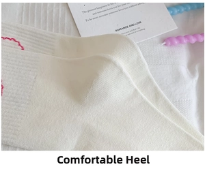 Close-up of white knitted socks featuring reinforced heel and cute red heart embroidery