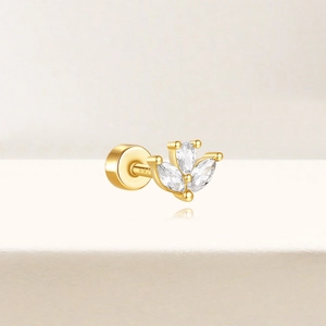 Macro detail of S925 hallmark on a gold triple marquise zircon flower stud earring
