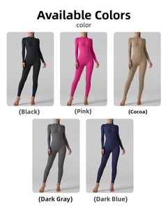 Multi-color options of high-stretch long sleeve fitness bodysuits with front zippers