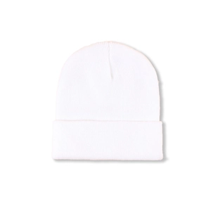 Close-up detail of white ribbed knit beanie featuring a classic cuffed brim design