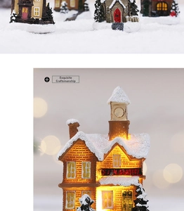 Detailed view of snowy Christmas train station figurine with glowing warm LED lights