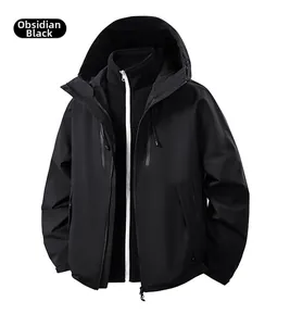 Wasserdichte 3-in-1 Jacke in Obsidianschwarz mit Fleece-Futter und weißem Reißverschluss