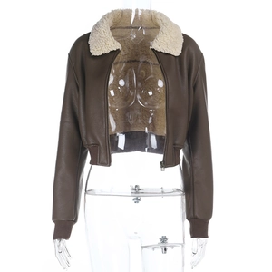 Detail of faux leather bomber jacket with thick cream shearling collar and ribbed cuffs