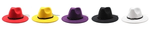 Flat lay of multiple felt fedora hats in red yellow purple black and white colors