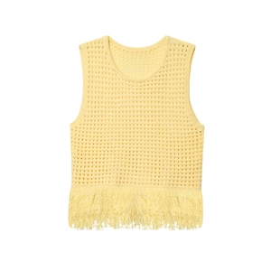 Gilet en tricot ajouré jaune pour femme avec col rond et longues franges à l'ourlet