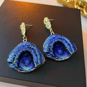 Blue Green Gradient Pleated Fan Earrings With 925 Sterling Silver Earring Post Copper Resin Vintage Jewelry For Women