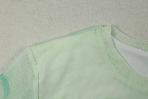 Detailed close-up of the round neckline and sewing on light green mesh dress