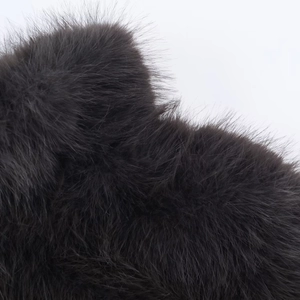Macro texture view of high-quality faux fur material in dark grey on short coat