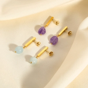 18k gold plated stainless steel earrings with purple teardrop and green round stones
