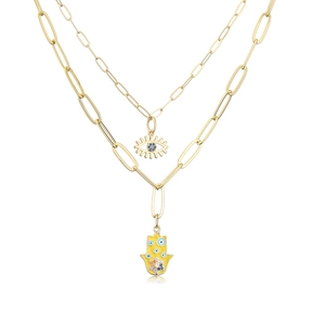 18K gold plated double layer necklace with Evil Eye and Hamsa Hand pendants