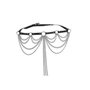 Fashionable black leather waist chain belt with multi-layer silver metal draping chains
