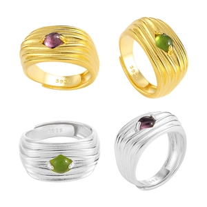 S925 sterling silver multi-layer pleated rings with round purple and green stones