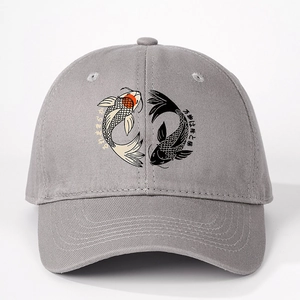 Grey cotton baseball cap with Japanese style Yin Yang koi fish print for outdoors