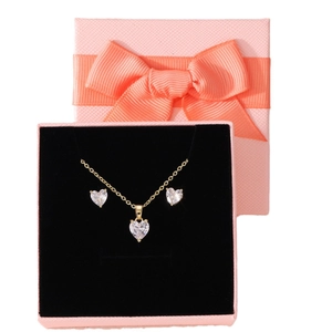 Golden necklace and heart zircon stud earrings set in a pink ribbon gift box