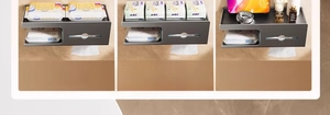 Macro detail of wall-mounted tissue box storage with three multifunctional compartments