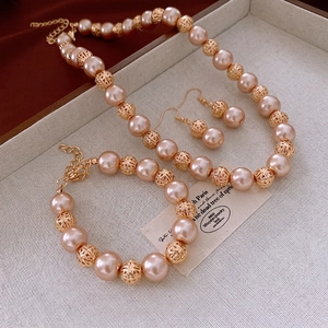 French Style Vintage Imitation Artificial Pearl Jewelry Set With Hollow Gold Tone Alloy Balls For Elegant Women
