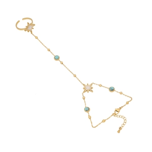 Bracelet bague main en acier doré avec perles turquoise et breloques étoile blanche