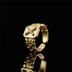 Adjustable 18K gold plated copper ring with letter X zircon and watchband chain style