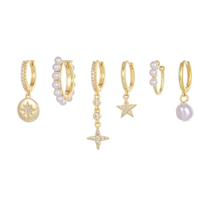 Elegant 6-piece gold-plated earring set with pearls and star pendants for women