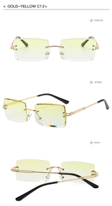 Multiple views of gold rimless rectangular sunglasses with yellow gradient lenses