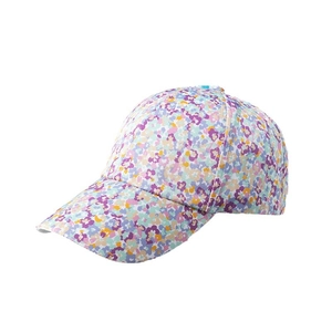 Pink floral print baseball cap with curved brim and wide-angle view for women