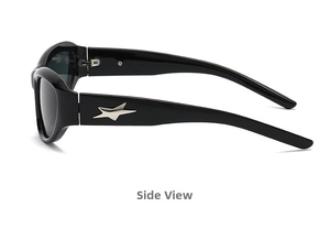 Side view of black rectangle sunglasses featuring metallic star detail on the temple