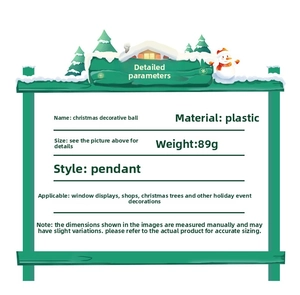 Detailed specifications for plastic Christmas ornaments set with festive snow graphics