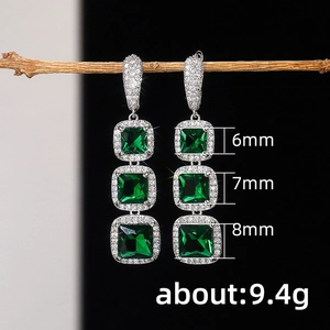 Square green zircon earrings with silver metal drops in 6mm, 7mm, and 8mm sizes