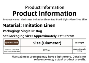 Size chart for 122cm red plaid linen-textured Christmas tree skirt with specifications