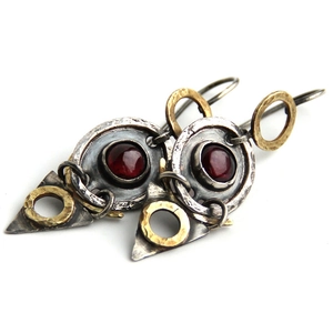 Vintage gypsy style antique silver earrings with red stone inlay and hammered texture