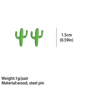 Green wooden cactus stud earrings with steel pins measuring 1.5cm high for women