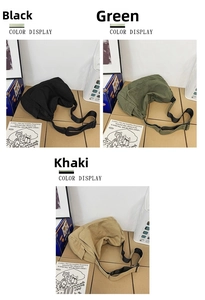 Detailed color display of large canvas messenger bags in black, green and khaki